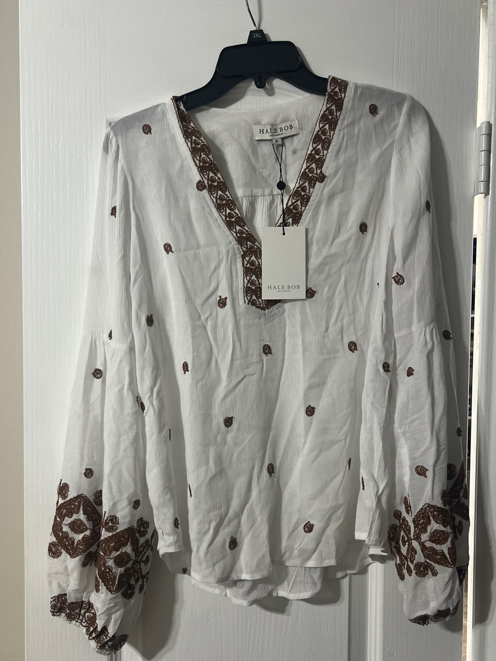 Hale Bob White Tunic with Brown Embroidered Accents